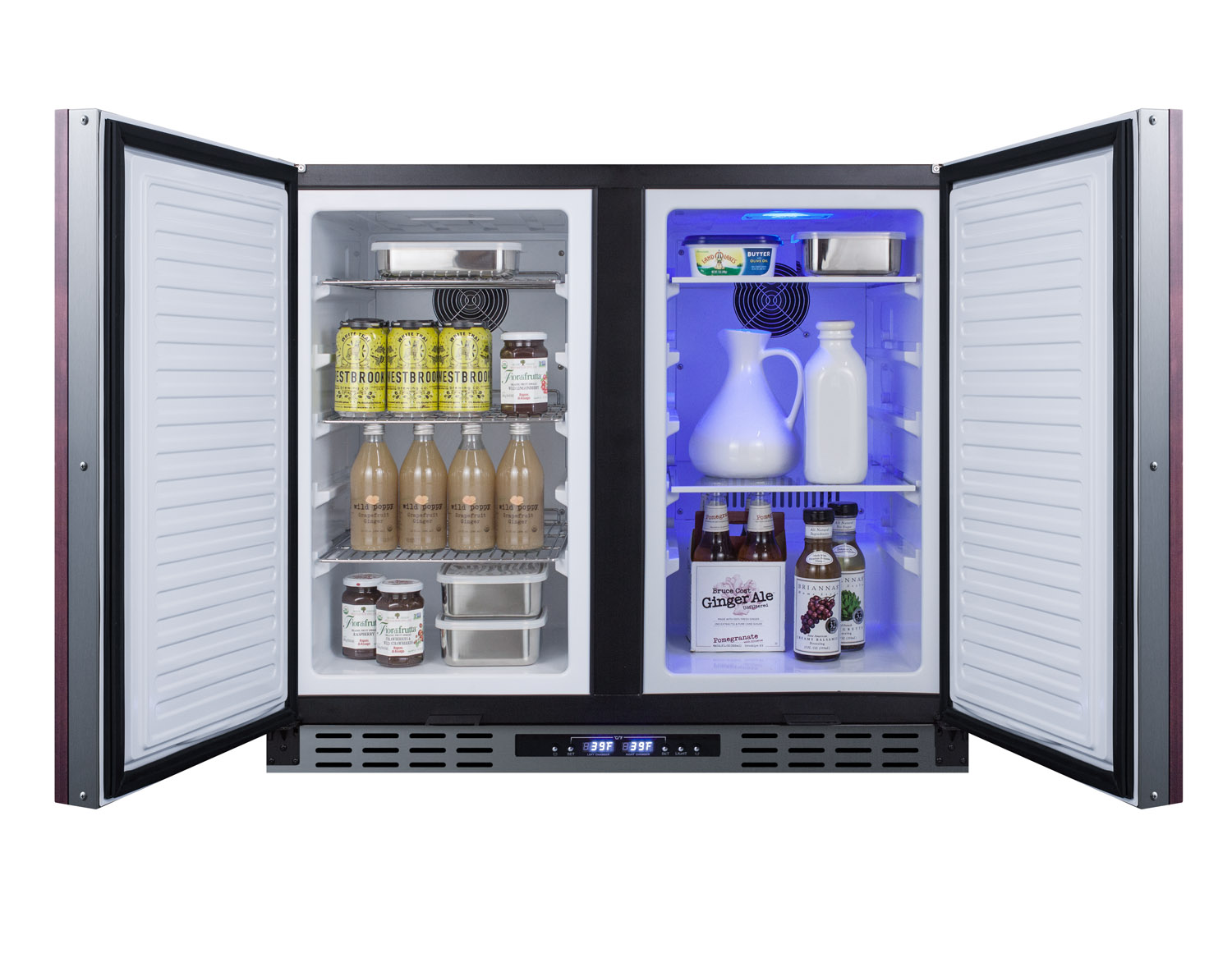 ADA compliant, commercially approved, frost-free, side-by-side refrigerator-freezer for built-in or freestanding use with two panel ready doors, black cabinet, and front-placed digital controls